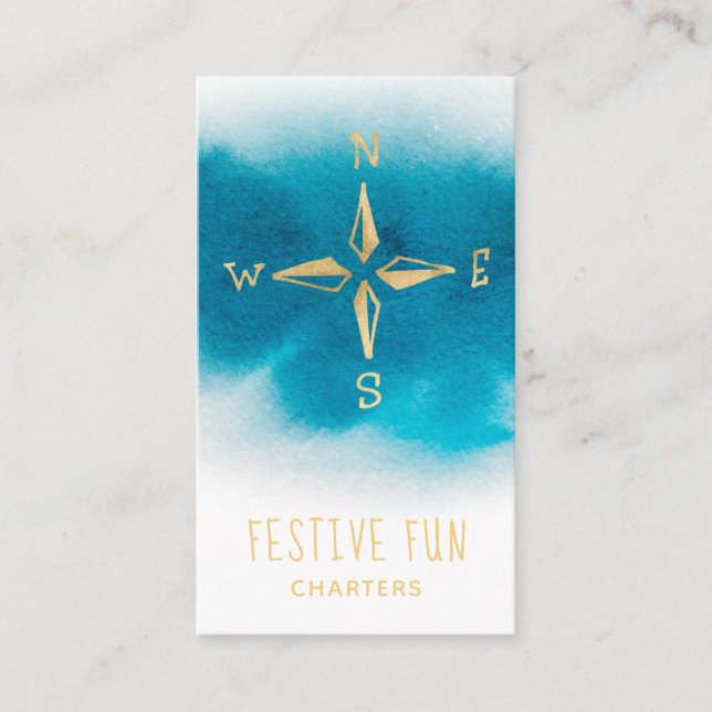 Cartão De Visita *~* Ouro Compass Sea Beach Ocean White Tea Blue (Frente)