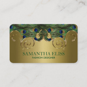 Cartão De Visita Ouro de Penas de Peacock Elegante Monograma