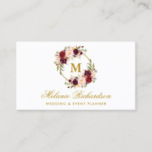 Cartão De Visita Ouro floral do monograma de Borgonha Marsala da
