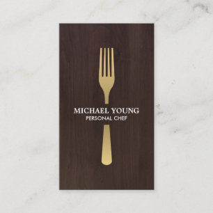 Cartão De Visita OURO FORK sobre Chef de Madeira Escuro, Catering