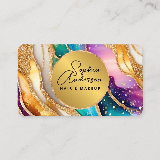 Cartão De Visita Ouro Glitter Glitter Glamor Agitado Arco-Íris (Frente)