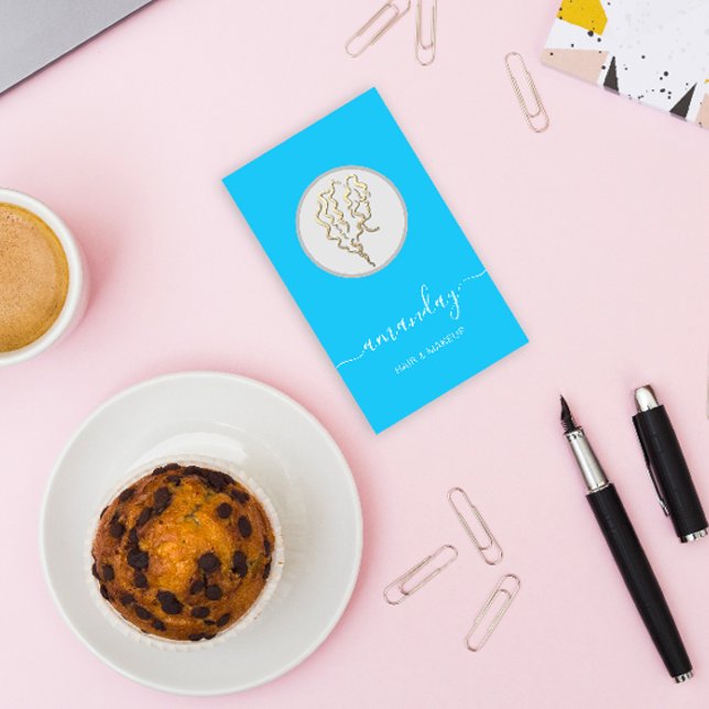 Cartão De Visita Ouro Logotipo Hairdresser Makeup Artista Azul (Golden Logo Hairdresser Makeup Artist Blue Business Card)