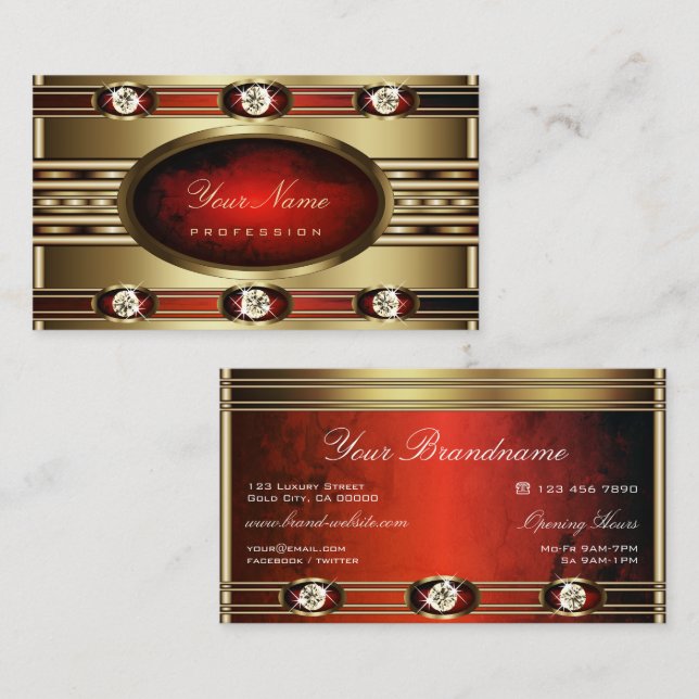 Cartão De Visita Ouro luxuoso com mármore vermelho e diamantes fals (Frente/Verso)