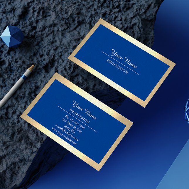 Cartão De Visita Ouro Moderno Profissional - Azul Simplesmente Real (Professional Modern Golden Simply Royal Blue Business Card)