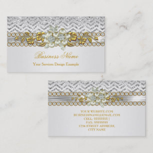 Cartão De Visita Ouro Prata Chevron Floral Pérola Diamante Branco