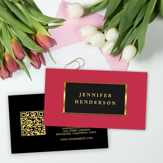 Cartão De Visita ouro preto carmesim código QR profissional (Moden chic black gold, cardinal red QR code professional Business Card.)