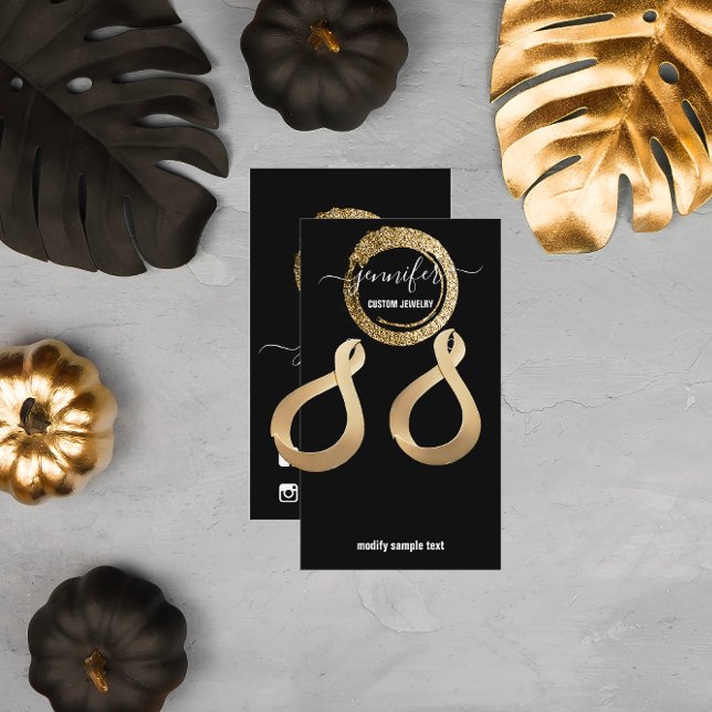 Cartão De Visita Ouro preto de placa de joalharia personalizada par (Logo Custom Jewelry Card Social Media Black Golden)