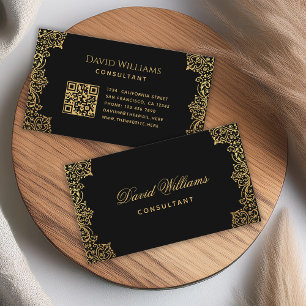 Cartão De Visita Ouro Preto Elegante Código QR de Letra Antiga Vint