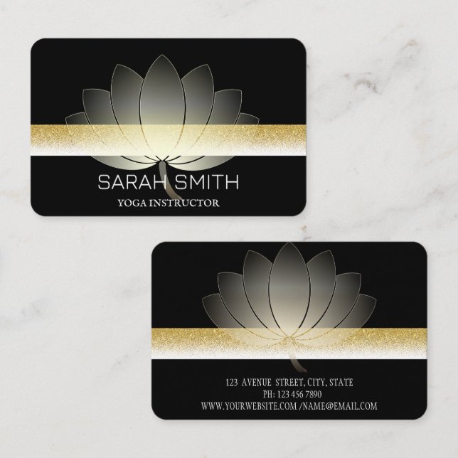 Cartão De Visita Ouro profissional elegante moderno, flor de lótus (Frente/Verso)