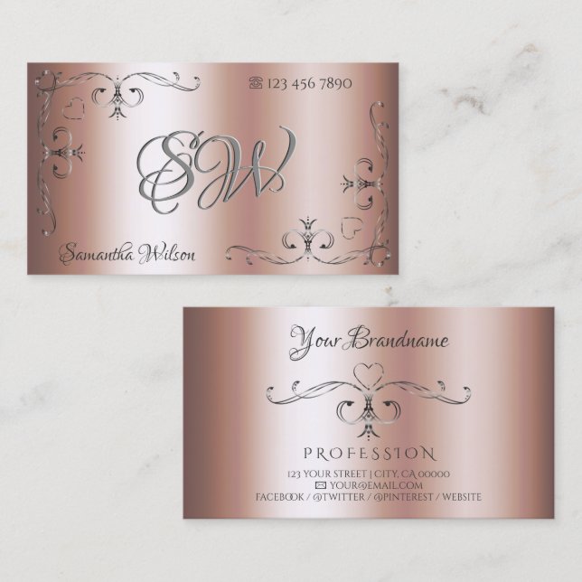 Cartão De Visita Ouro Rosa de cantos do Ornamentado prata elegante (Frente/Verso)