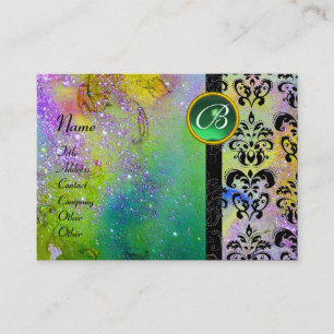 Cartão De Visita OURO ROXO DAMASCO MONOGRAMA BRILHANTE verde amarel