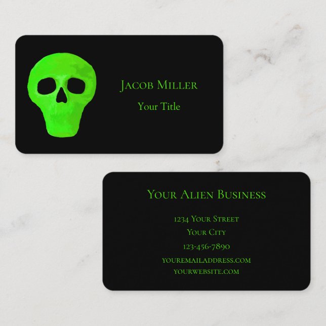 Cartão De Visita OVNI Preto Verde Neon com Alienígena Espacial (Frente/Verso)