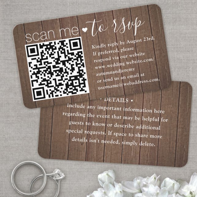 Cartão De Visita Pacote de 50 Scan Me QR RSVP Em Encaixe de Madeira (Criador carregado)