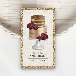 Cartão De Visita Padaria de Bolo Floral Burgundy Brilho Dourado Per