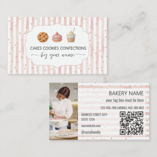 Cartão De Visita Padaria de Chef de Confeitaria com listras rosa e