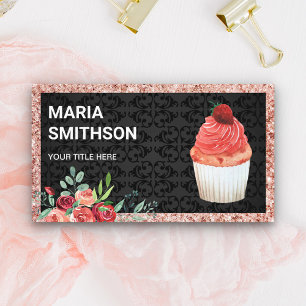 Cartão De Visita Padaria de Cupcake de Morango Floral Rosa Dourado