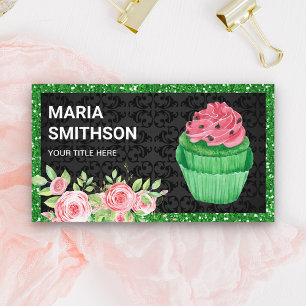 Cartão De Visita Padaria de Cupcake de Veludo Verde Floral Rosas Ro
