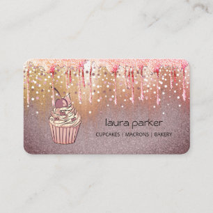 Cartão De Visita Padaria de Cupcake Pastelaria Rosa Dourado Gotejan