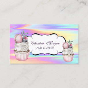 Cartão De Visita Padaria de Cupcakes Macarons Colorida Holográfica