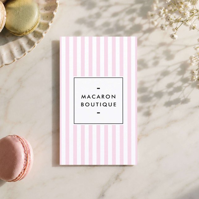 Cartão De Visita Padaria de Macarons com Listras Rosa Retrô (Criador carregado)