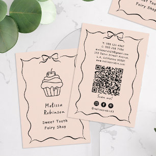 Cartão De Visita Padaria Pastel Peach Cupcake, Coquette & Código QR