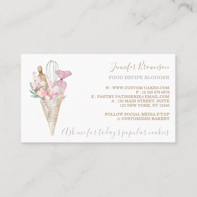 Cartão De Visita Padaria Pastelaria Flores Rosa Boho Chef Criativo (Frente)