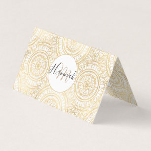 Cartão De Visita Padrão Branco Elegante Dourado de Mandala Girasso