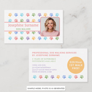Cartão De Visita Padrão Colorido de Patas com Foto Personalizada de
