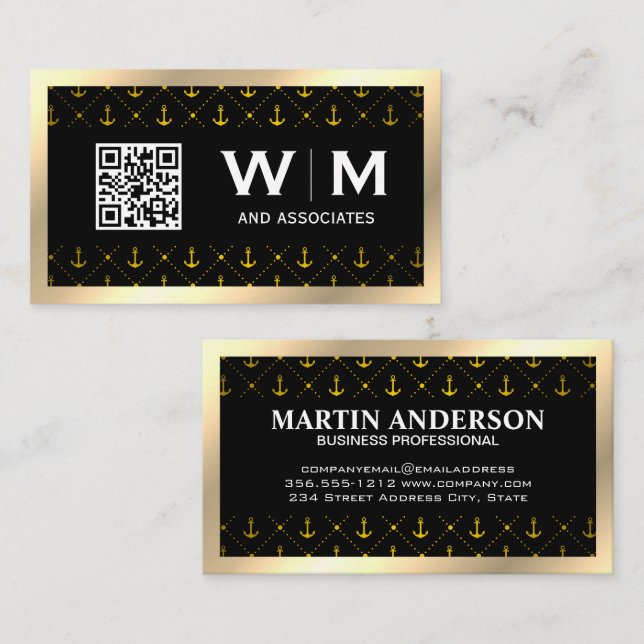 Cartão De Visita Padrão de Âncoras | Fronteira Dourada | Monograma (Frente/Verso)