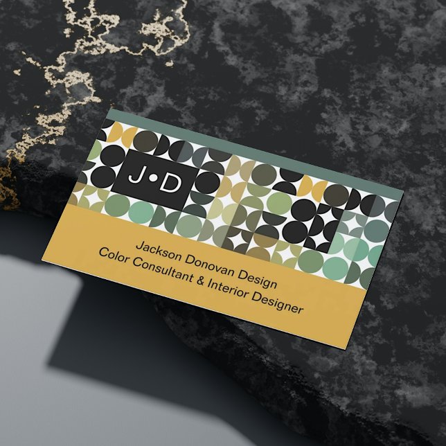 Cartão De Visita Padrão de Arte Retroativa Castanho Branco Verde Ch (Criador carregado)