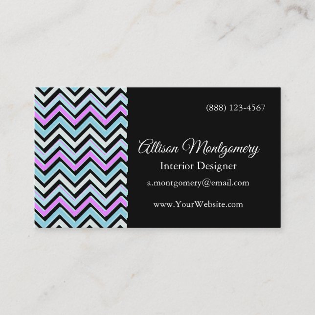 Cartão De Visita Padrão de Chevron preto, azul, branco e rosa moder (Frente)