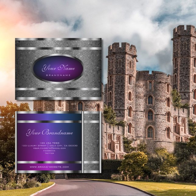 Cartão De Visita Padrão de Cobra prata glamouroso e gradiente roxo (Criador carregado)