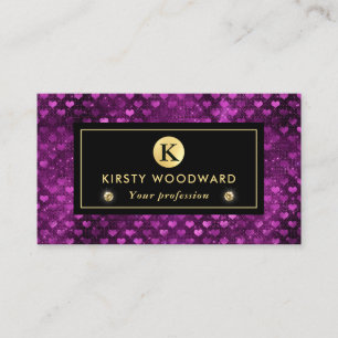 Cartão De Visita Padrão de Corações Glam com Brilho Roxo e Dourado