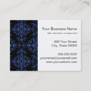Cartão De Visita Padrão de estilo damasco floral azul e preto elega