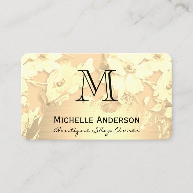Cartão De Visita Padrão de Flor Clássico com Monograma Dourado Brug (Frente)
