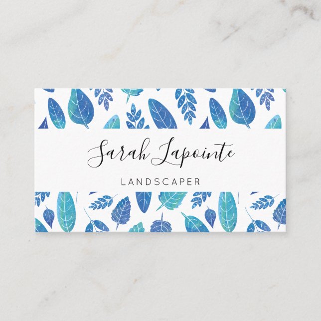 Cartão De Visita Padrão de Folhas de Aquarela Azul (Frente)