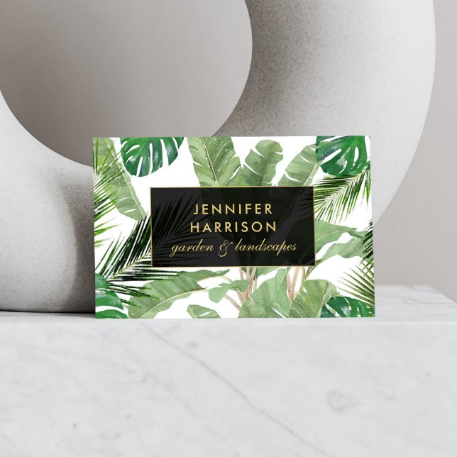 Cartão De Visita Padrão de Folhas Tropicais de Aquarela em Branco (Criador carregado)