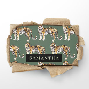 Cartão De Visita Padrão De Tigres De Aquarela Verde Tropical Com N
