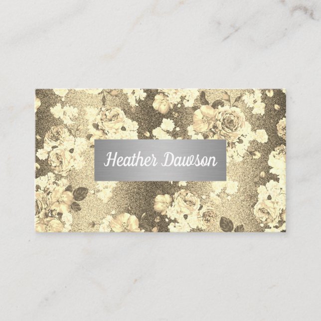 Cartão De Visita Padrão Dourado Floral de Sequin Glitter (Frente)