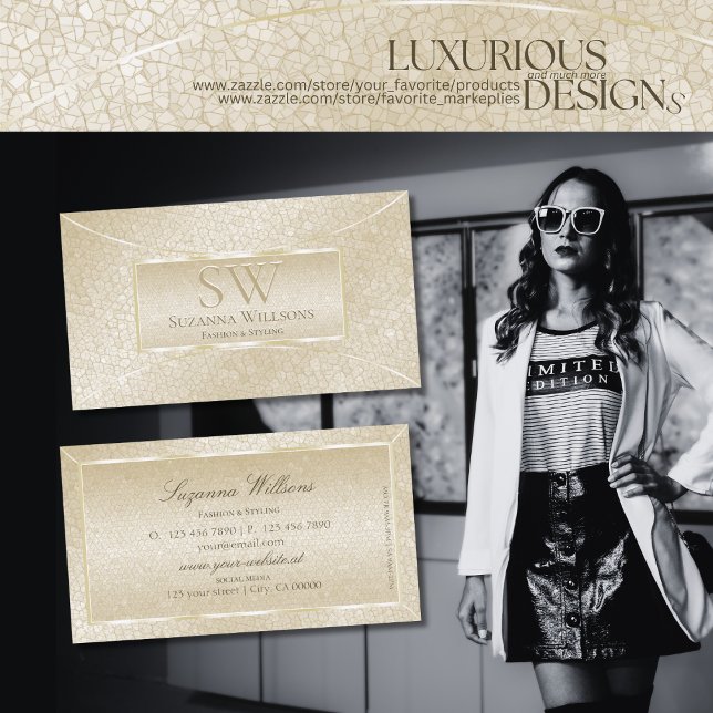 Cartão De Visita Padrão Elegante de Cobra de Creme de Seda com Mono (Criador carregado)