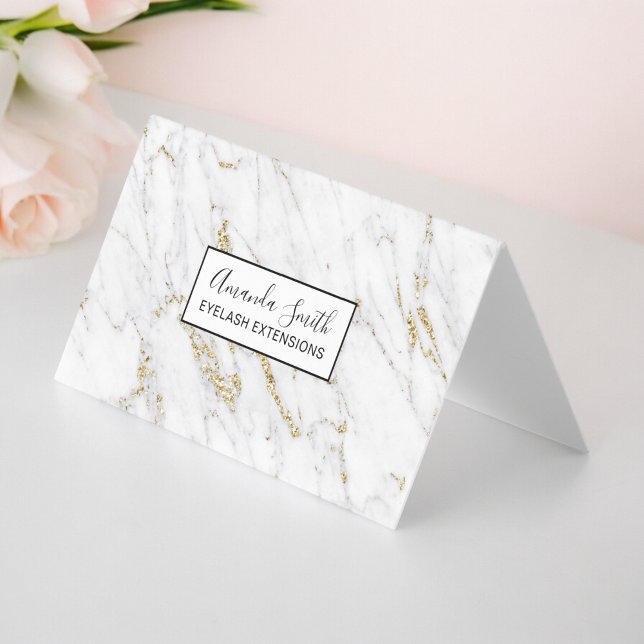 Cartão De Visita Padrão elegante de mármore branco de brilho (Chic gold glitter white marble elegant pattern business card)