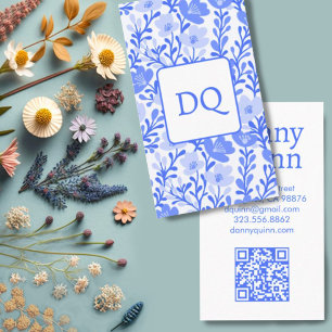 Cartão De Visita Padrão Floral Azul Botânico Elegante Branco