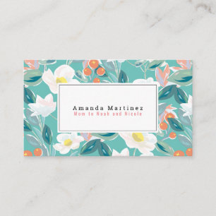 Cartão De Visita Padrão Floral Branco Mamãe Teal Claro