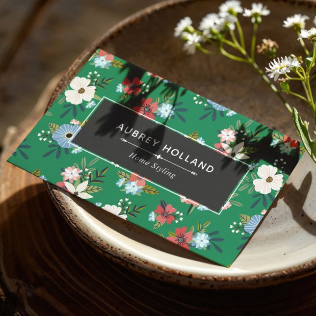 Cartão De Visita Padrão Floral Coral Azul Boho Verde (Criador carregado)