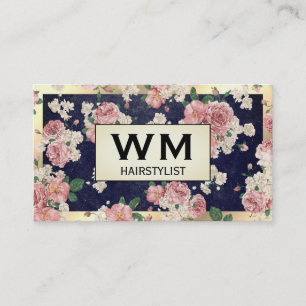 Cartão De Visita Padrão Floral de Frame Azul de Frame Dourado Exec