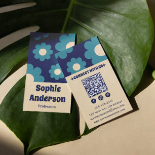 Cartão De Visita Padrão Floral Retro Azul Teal Moderno com Código Q