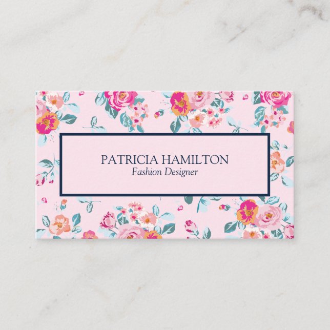 Cartão De Visita Padrão Floral Rosa Brilhante E Vibrante Em Blush (Frente)