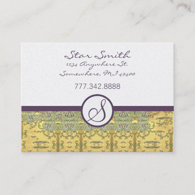 Cartão De Visita Padrão Floral Suavemente Dourado e Roxo (Frente)