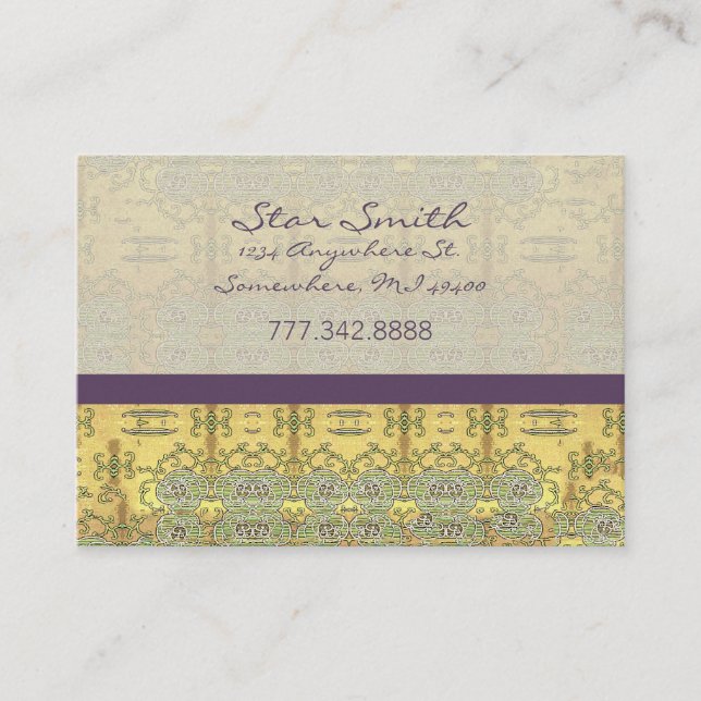 Cartão De Visita Padrão Floral Suavemente Dourado e Roxo (Frente)