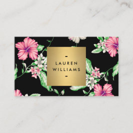 Cartão De Visita Padrão Floral Tropical Elegante em Preto